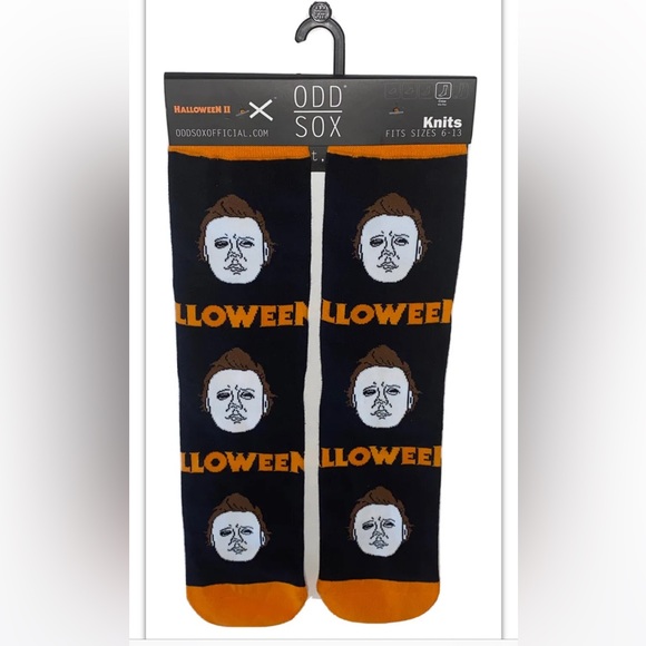 Halloween II Crew Socks 1 Pair Men’s 6-13 Black Orange Michael Myers White Mask - Picture 1 of 6